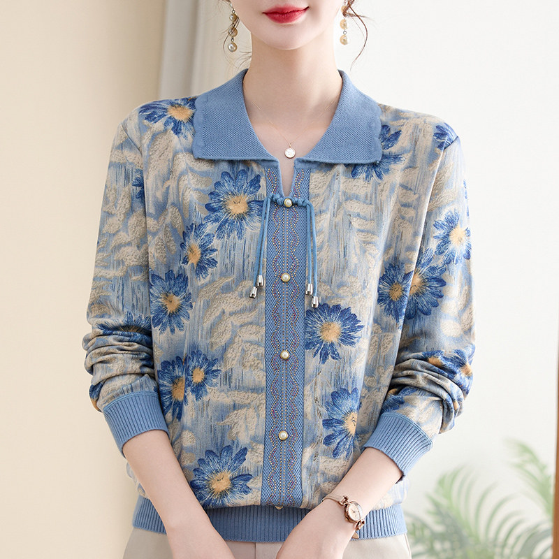 翻领时尚中国风中老年女装洋气秋季宽松毛衣印花气质显瘦妈妈打底