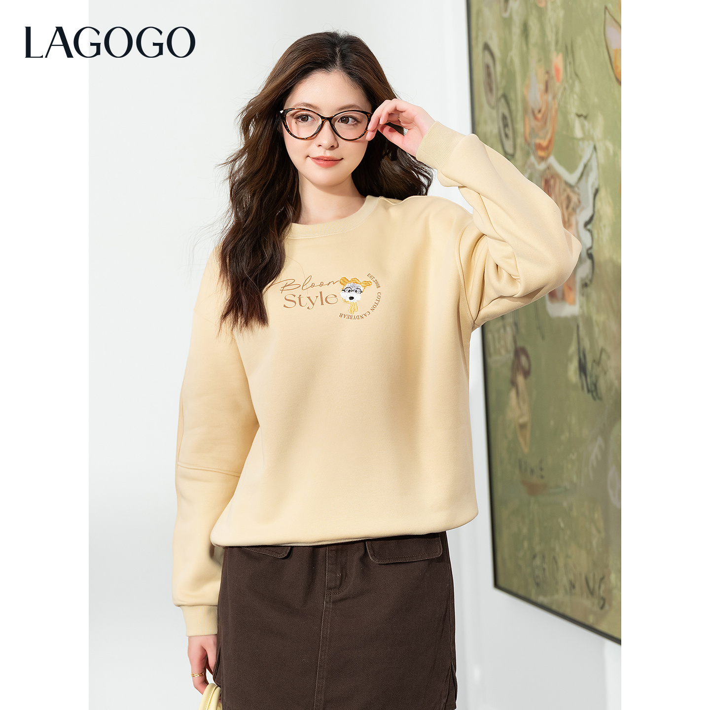 【立子】lagogo拉谷谷新款黄色泡芙加绒刺绣松弛感卫衣女OCEE419G52