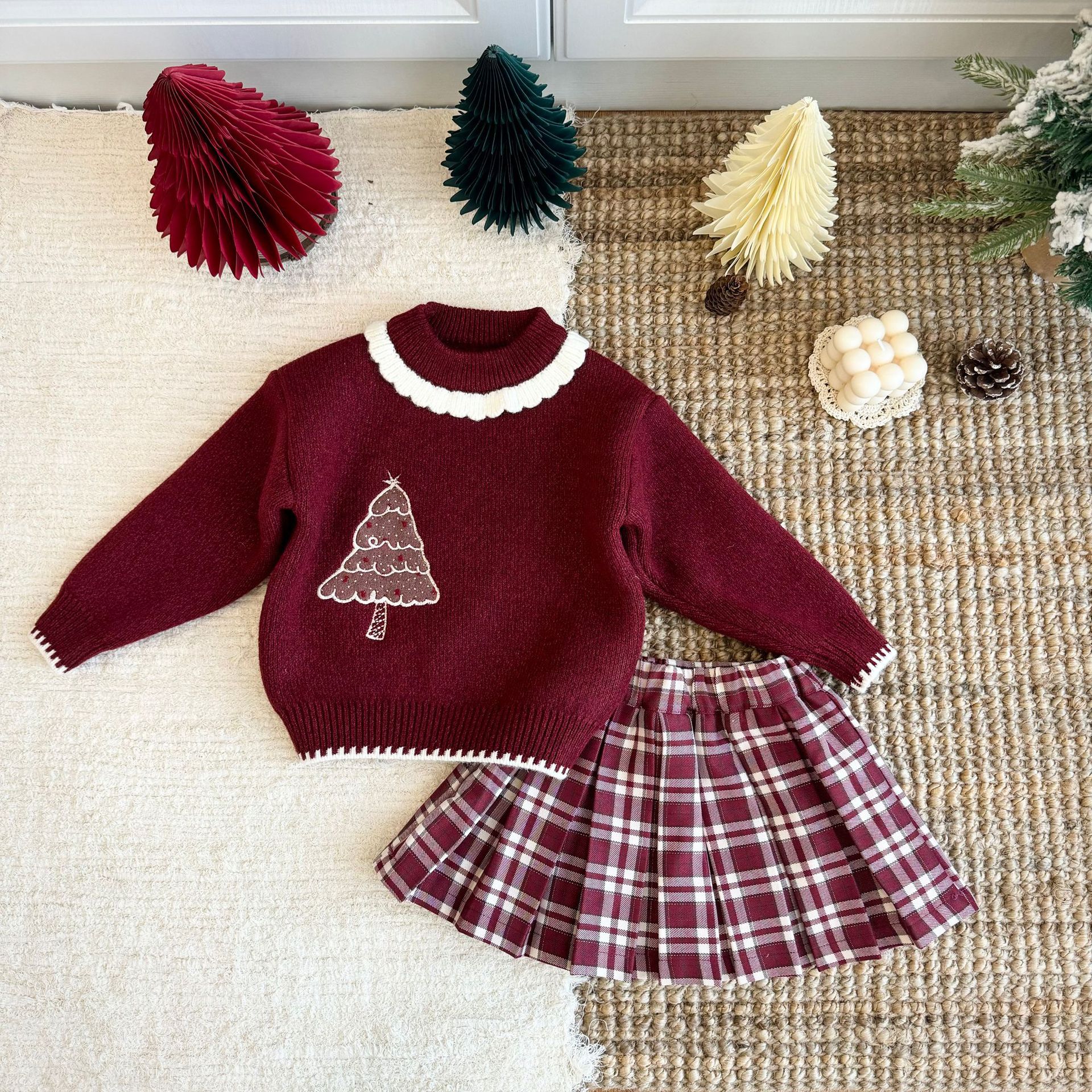 【微风童话】中童女宝圣诞毛衣加厚一体绒毛衣搭配格子半裙