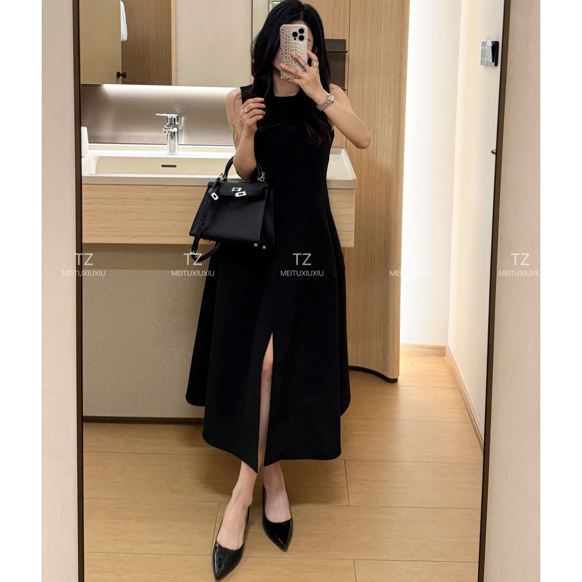 【婷子定制】~150小个子春款收腰显瘦超有气场小黑裙 B355