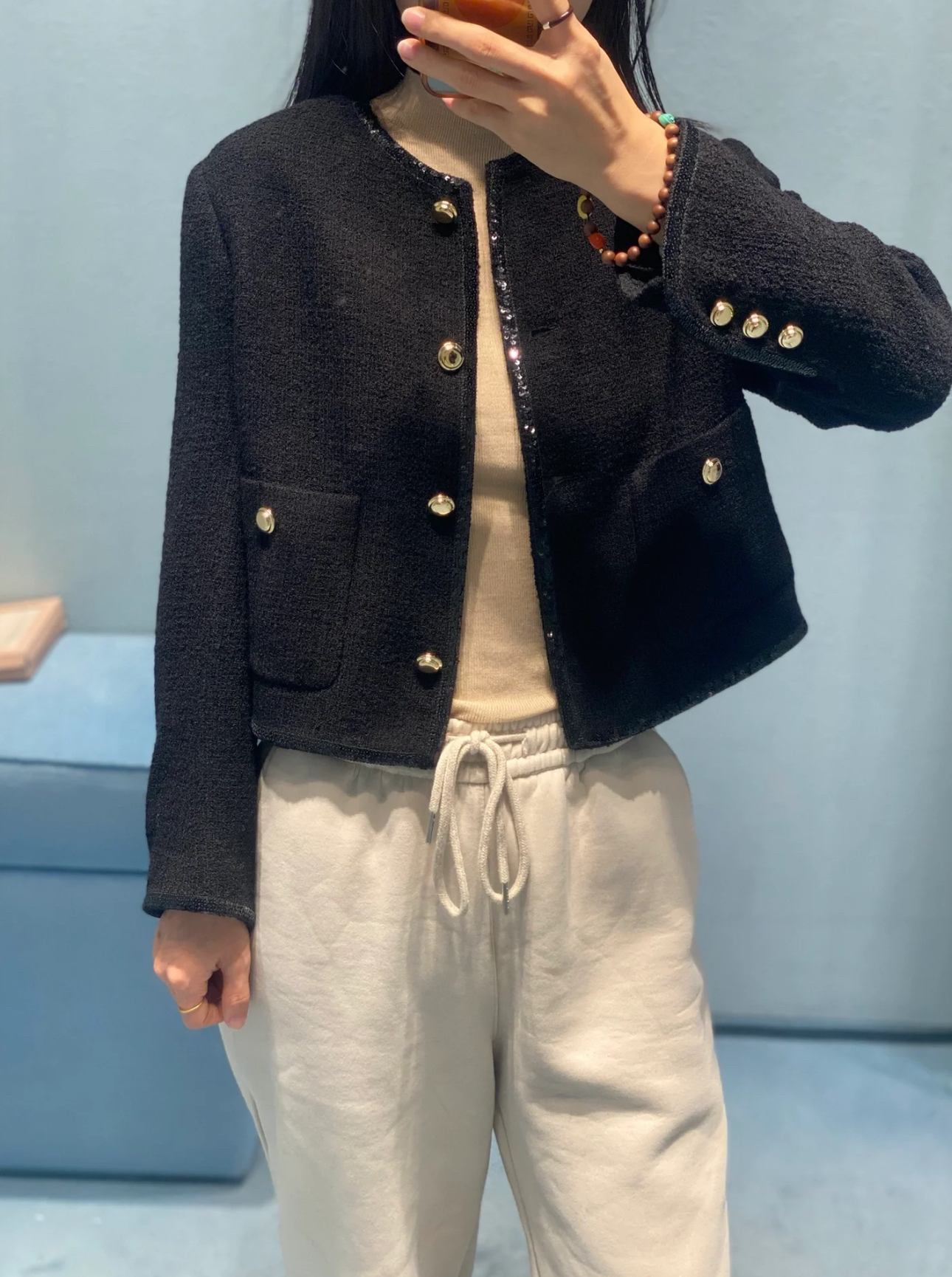 99新 MIU MIU/缪缪 亮片包边黑金软呢外套 36码 99新 专柜价32600