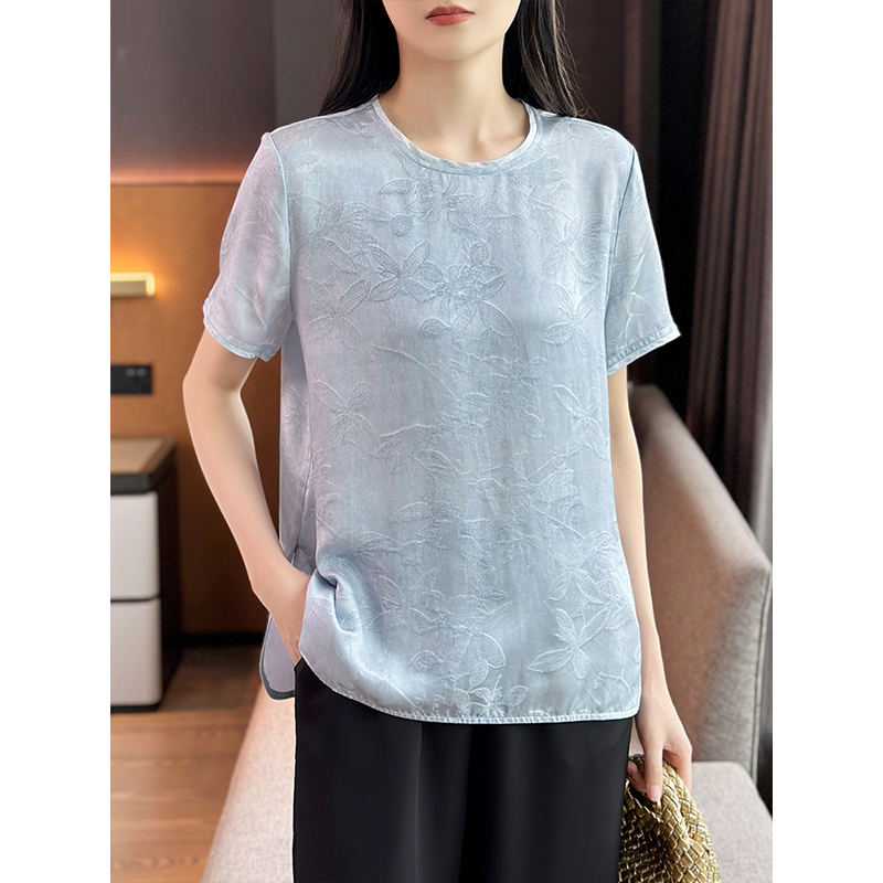 左左家 简约中式风~高级感花萝提花真丝上衣女圆领短袖桑蚕丝衬衫
