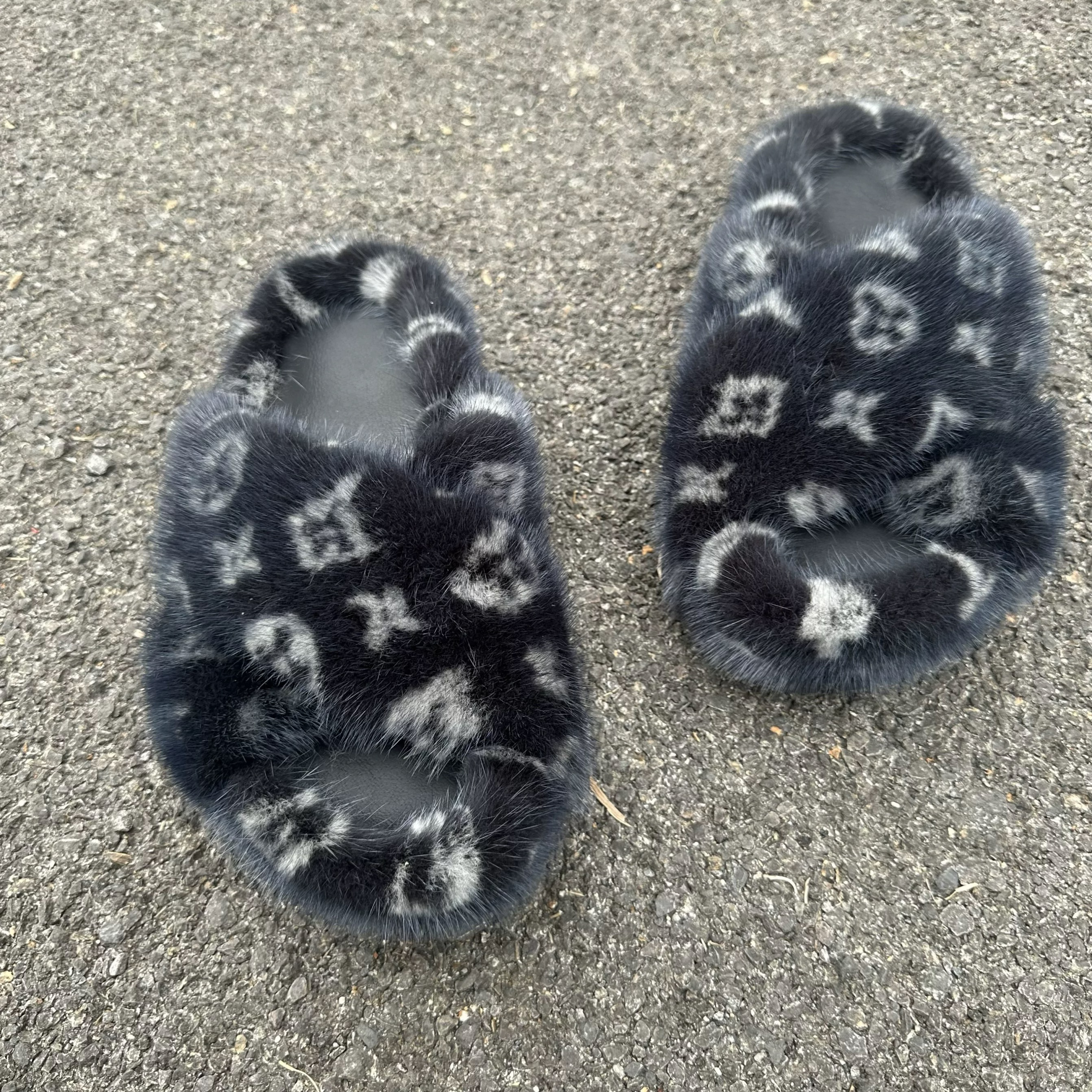 貂大人 水貂毛2025新款黑色老花外包拖鞋女外穿鞋时尚潮鞋