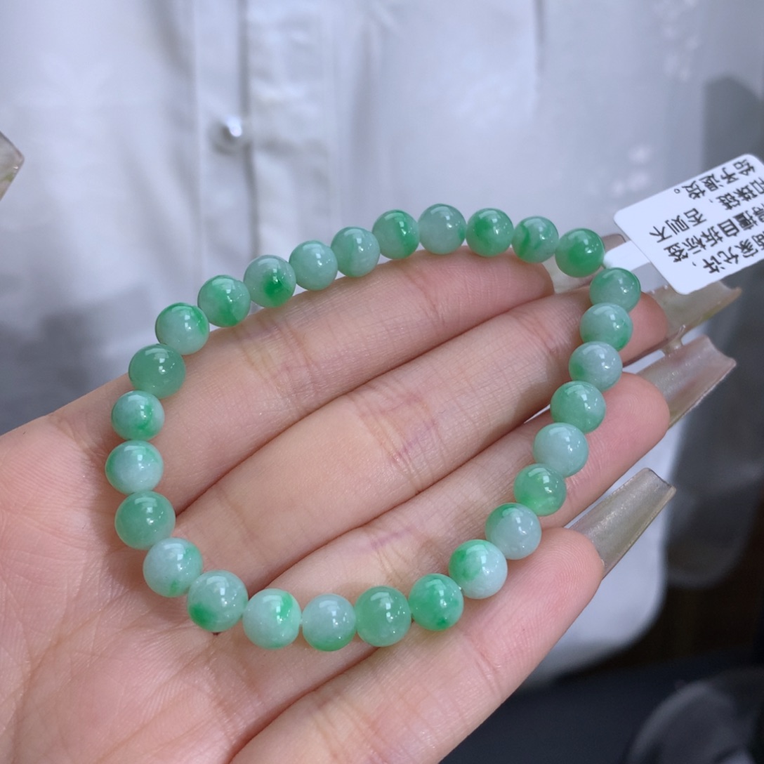 翡翠手链未镶嵌卡6.4冰润飘金丝绿