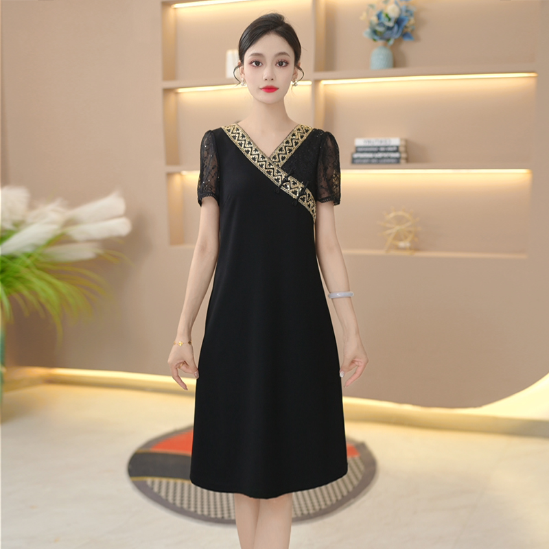 复古气质连衣裙夏季小黑裙拼接国风气质优雅显瘦洋气时尚中长款裙