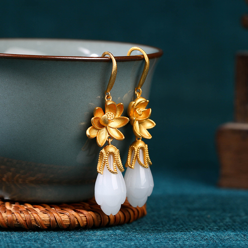 铜合金耳饰 新中式玉兰花耳环女国潮复古小众设计高级感古风耳坠