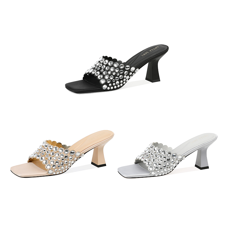 【跟高7cm】2025年夏季新款水钻方头高跟粗跟时尚百搭高跟凉鞋外穿