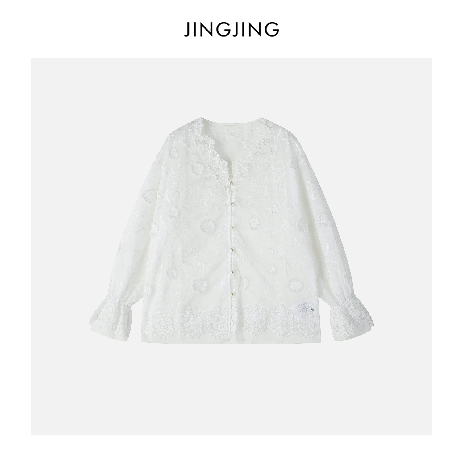 JINGJING2025新款“花夕月”100棉V领花边珍珠扣透气轻薄春夏衬衫