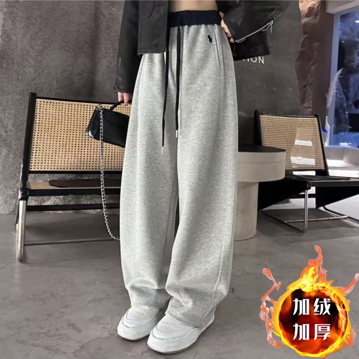 【现货运费险】Y小马Y刺绣拼色高腰束脚保暖冬加绒加厚休闲卫裤秋冬