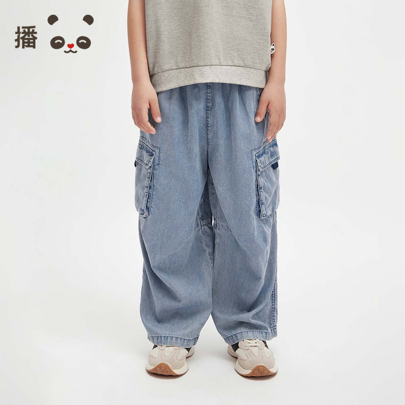 播 broadcute童装2025新款柔软舒适松紧腰工装口袋牛仔裤男童