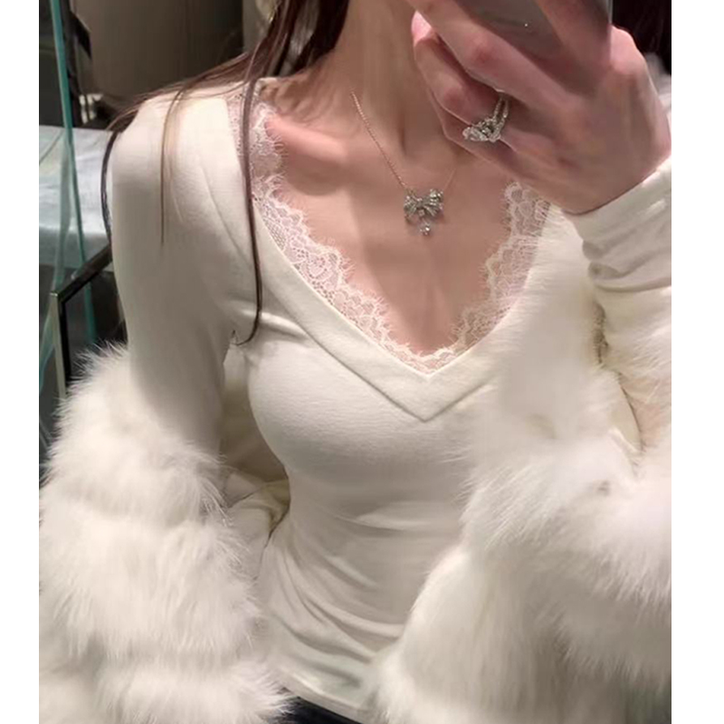 蕾丝花边v领加绒打底衫女2025秋冬新款内搭纯欲性感显瘦上衣7161