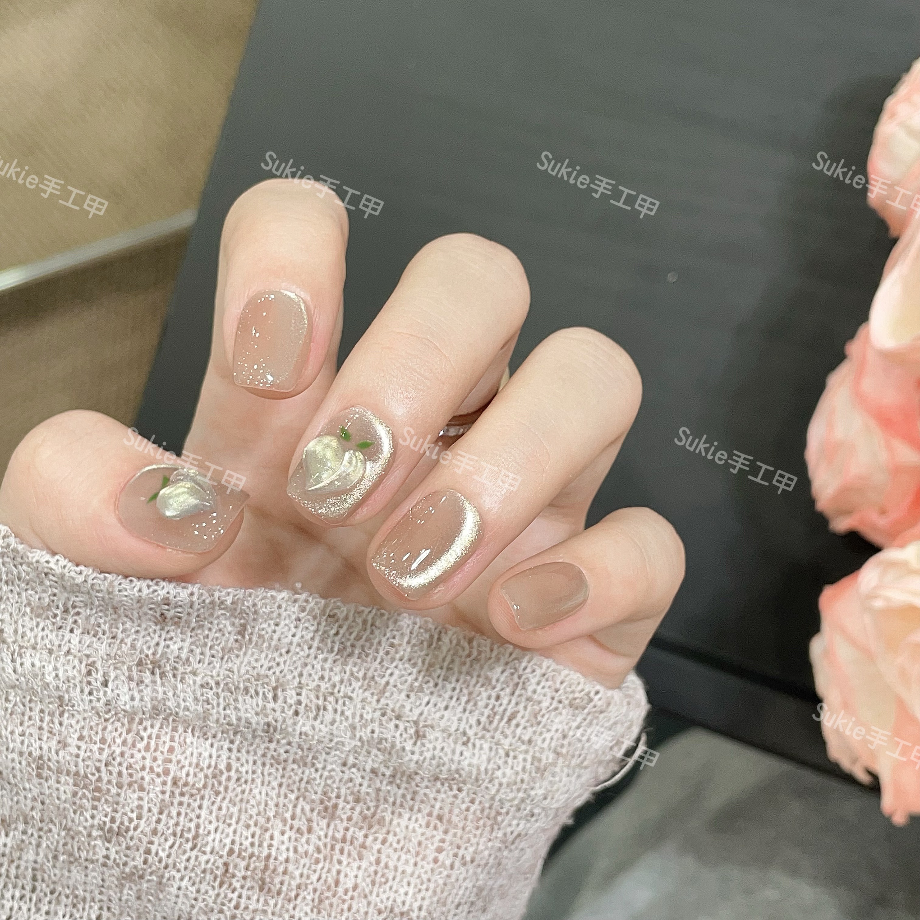 【金沙蜜桃】纯手工猫眼穿戴美甲蜜桃金沙穿戴甲10片装可重复佩戴