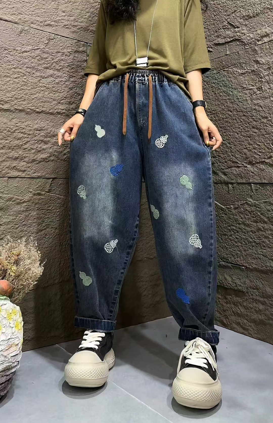 早秋新款印花哈伦裤牛仔裤春秋女高腰长裤百搭松紧腰
