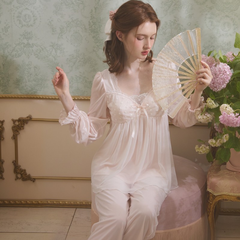 RoseTree冰丝睡衣女款春秋季长袖蕾丝宫廷公主风家居服套装带胸垫