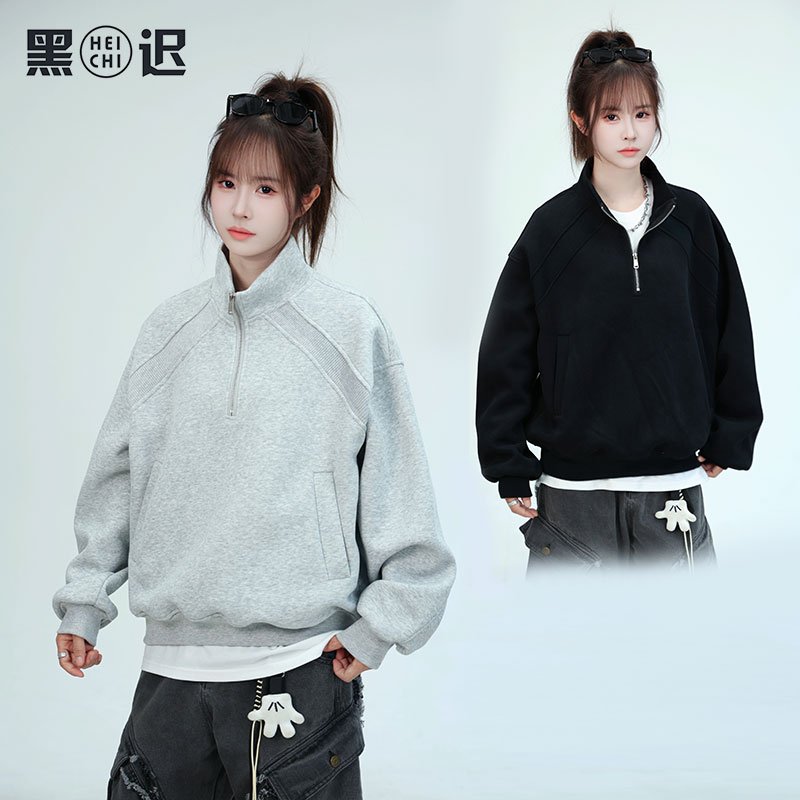美式复古半拉链套头卫衣男女秋季宽松情侣百搭休闲上衣