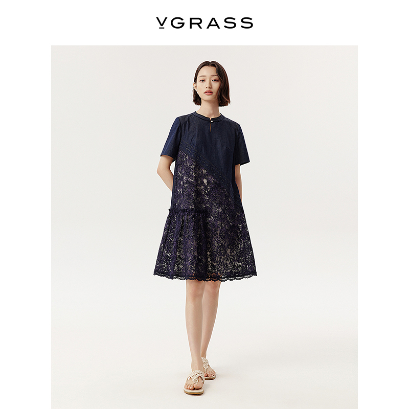 VGRASS蕾丝绣花玛丽官轻牛仔连衣裙25年新款小A裙VSL1Q1045C