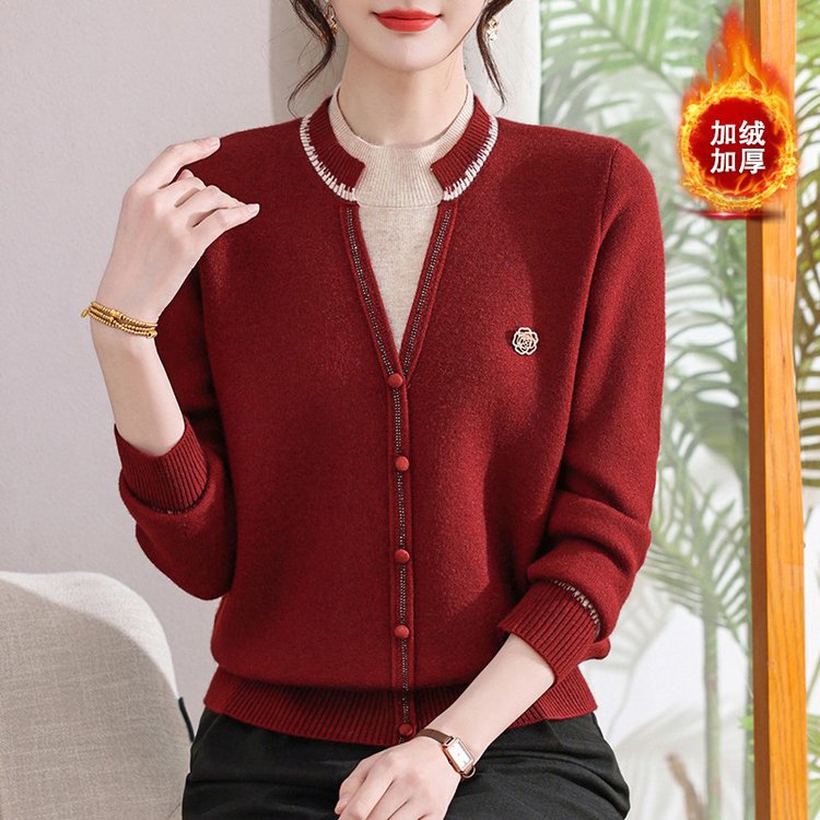中老年冬装加绒保暖毛衣女洋气一体绒打底衫妈妈装假两件针织上衣