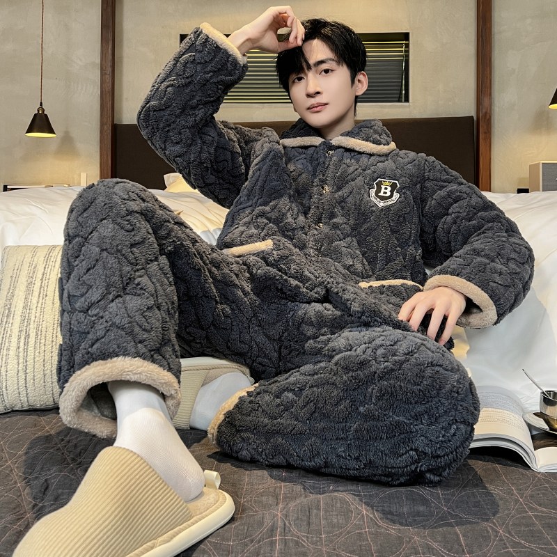 男士睡衣男秋冬季加厚加绒保暖夹棉中老年人爸爸珊瑚绒家居服套装