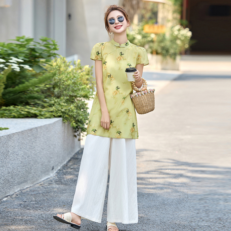新中式印花巨好看套装女2025夏新款改良旗袍上衣显瘦阔腿裤两件套