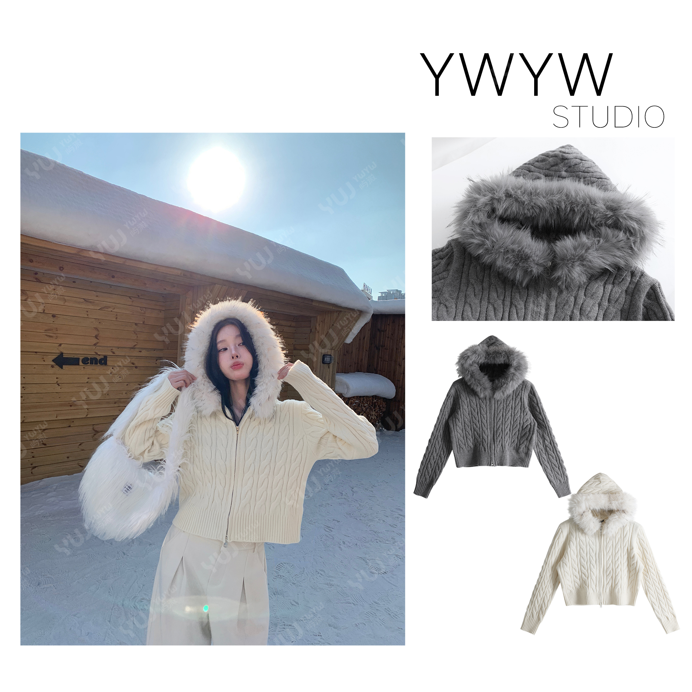 【YWYW25F/W】秋冬一体拼毛领连帽扭花针织羊毛毛衣5928