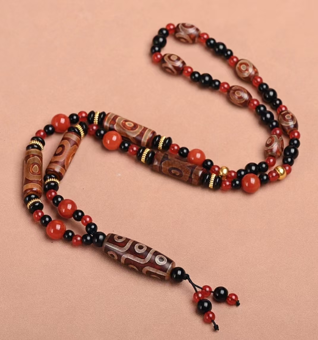 藏式老式天然玛瑙九眼三眼古珠项链吊坠