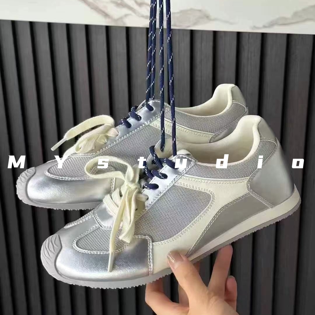 MYstudio｜银色高定~鸳鸯鞋带内增高网面透气休闲运动德训真皮板鞋