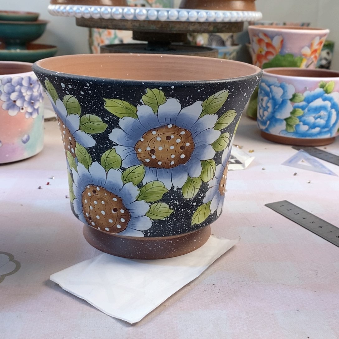 紫砂花盆日*红陶手绘花盆