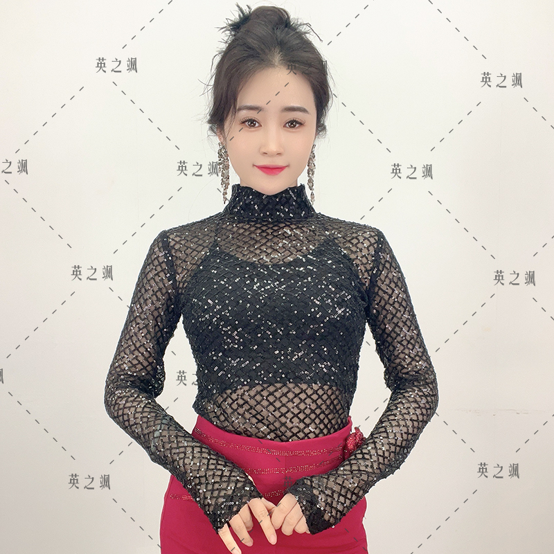  【英之飒】5011款气质亮片网纱连体长袖广场舞水兵舞吉特巴伦巴