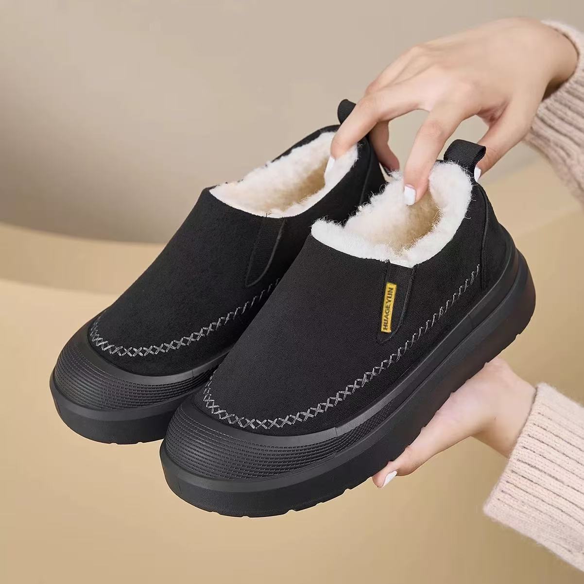 Y032冬季新款男女同款雪地靴加绒保暖棉鞋厚底增高一脚蹬乐福鞋