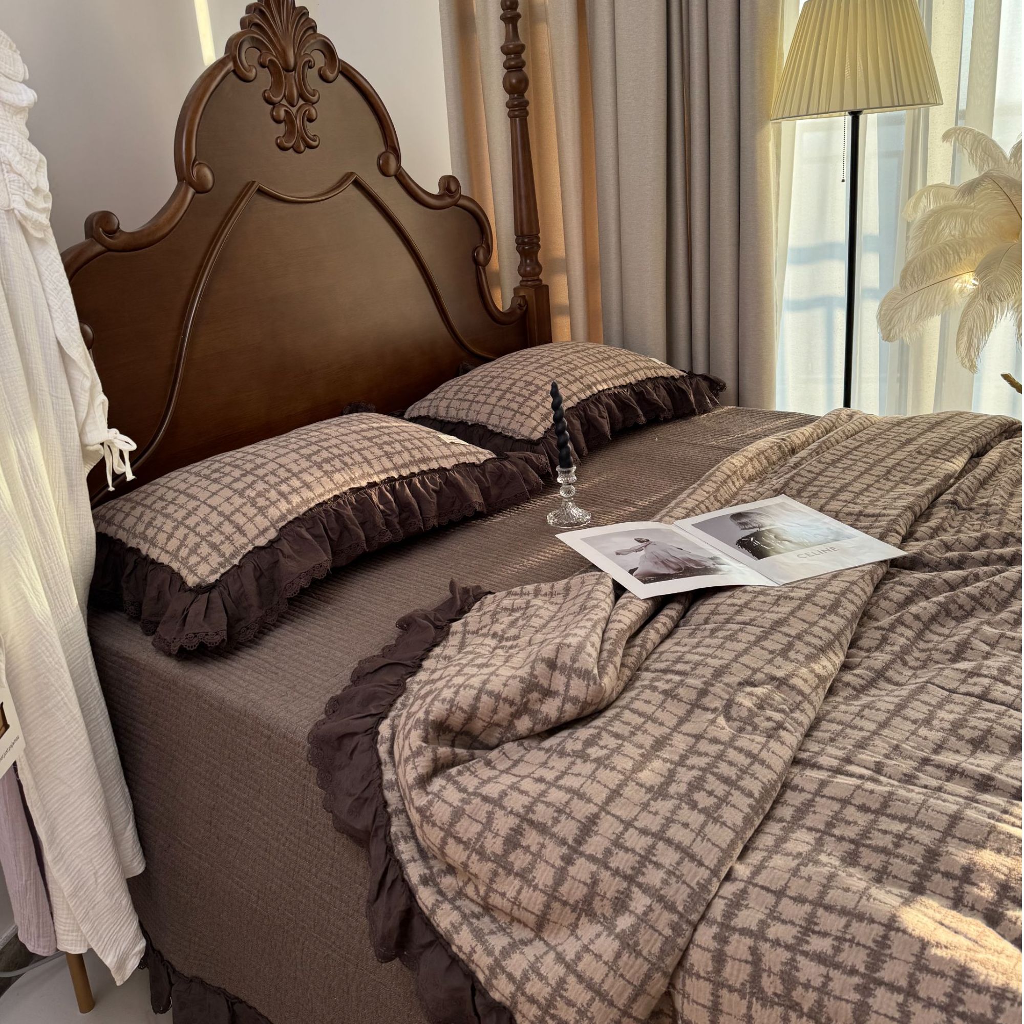 漫漫 【方格】全棉色织床盖多功能被四件套花边柔软夹棉床品套件