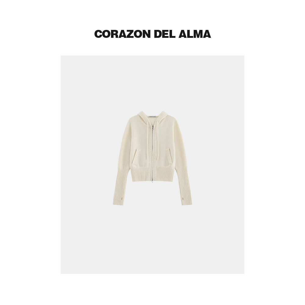 【椰乳】超细100绵羊毛 松弛感随性连帽拉链针织上衣小开衫-AW163