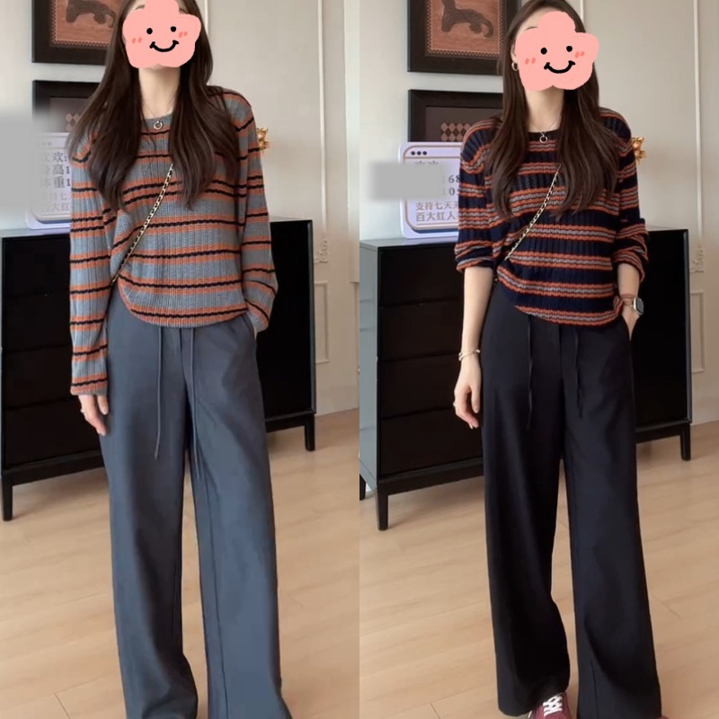 秋季休闲时尚圆领套头条纹针织衫+显瘦系带拼接休闲裤LK2506283