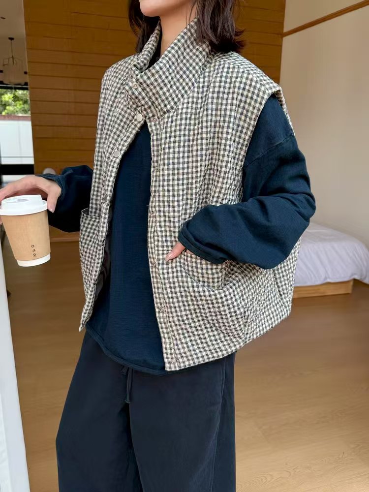 秋冬新款 进口棉麻泡泡纱绿格纹立领马甲女