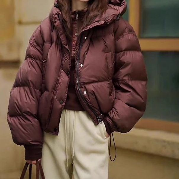 日韩休闲连帽短款棉服冬季加厚保暖红色外套韩版时尚百搭面包服