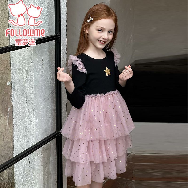 富罗迷女童甜美花边连衣裙春秋季新款儿童洋气公主蛋糕裙F5A7118L