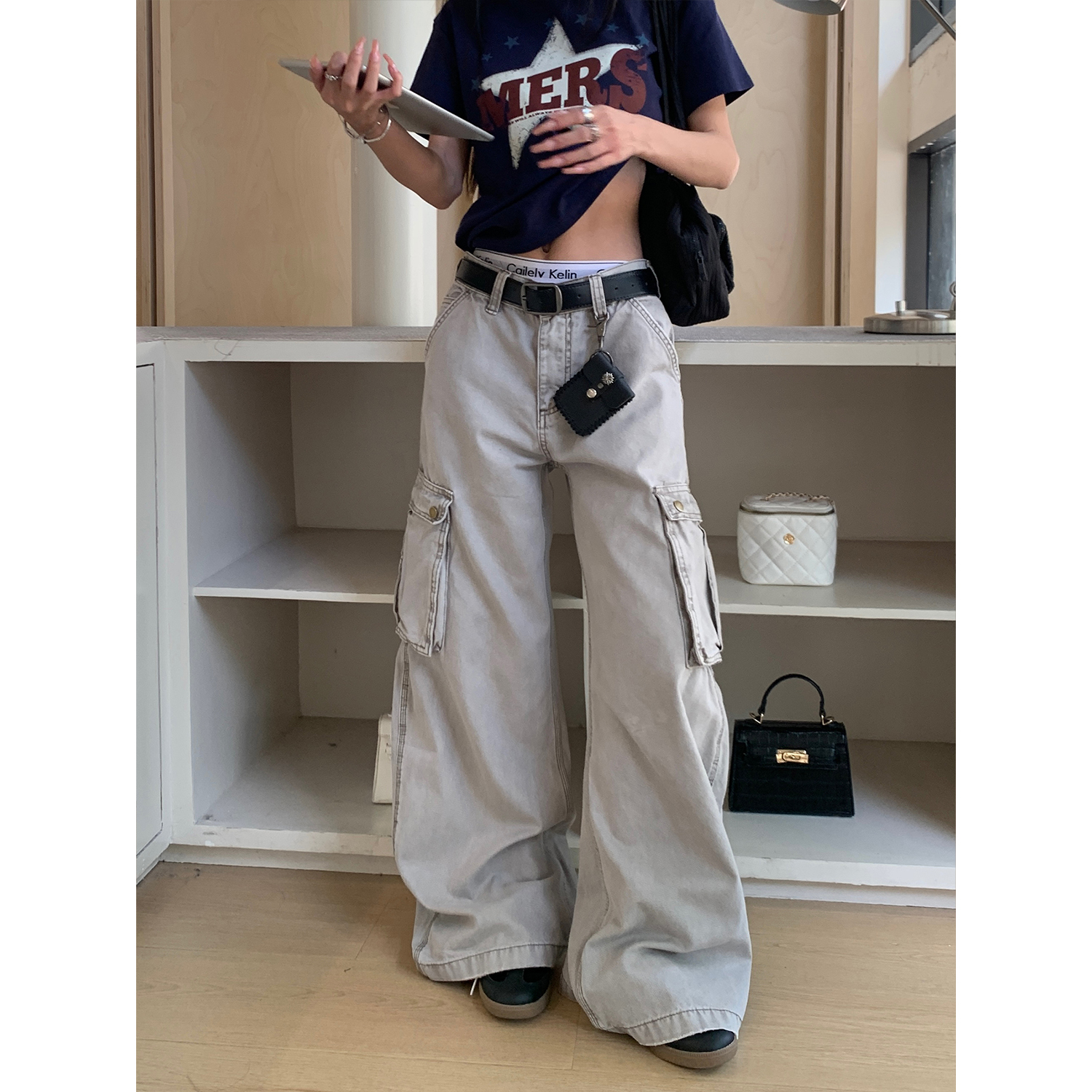 木子羊 美式高街工装裤百搭裤子baggy高级感休闲阔腿直筒牛仔裤子