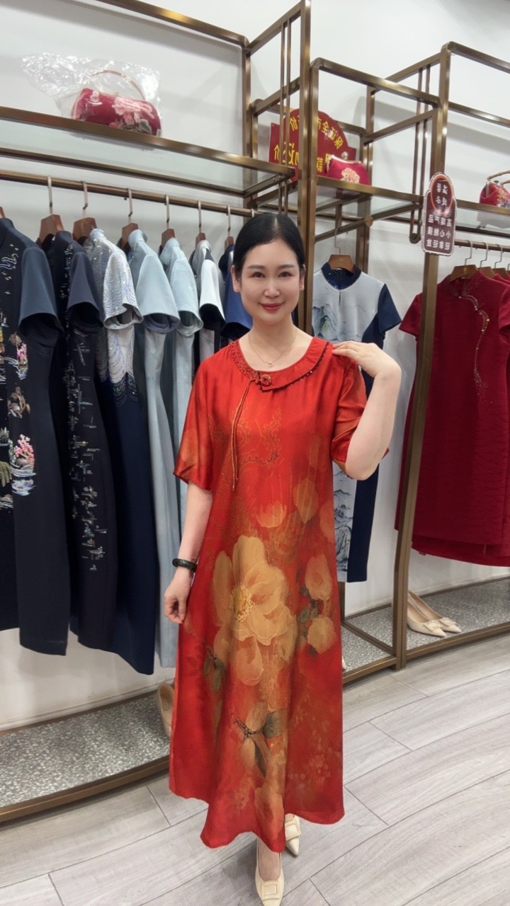7523短袖花色旗袍连衣裙中长款宽松大码过膝长裙子