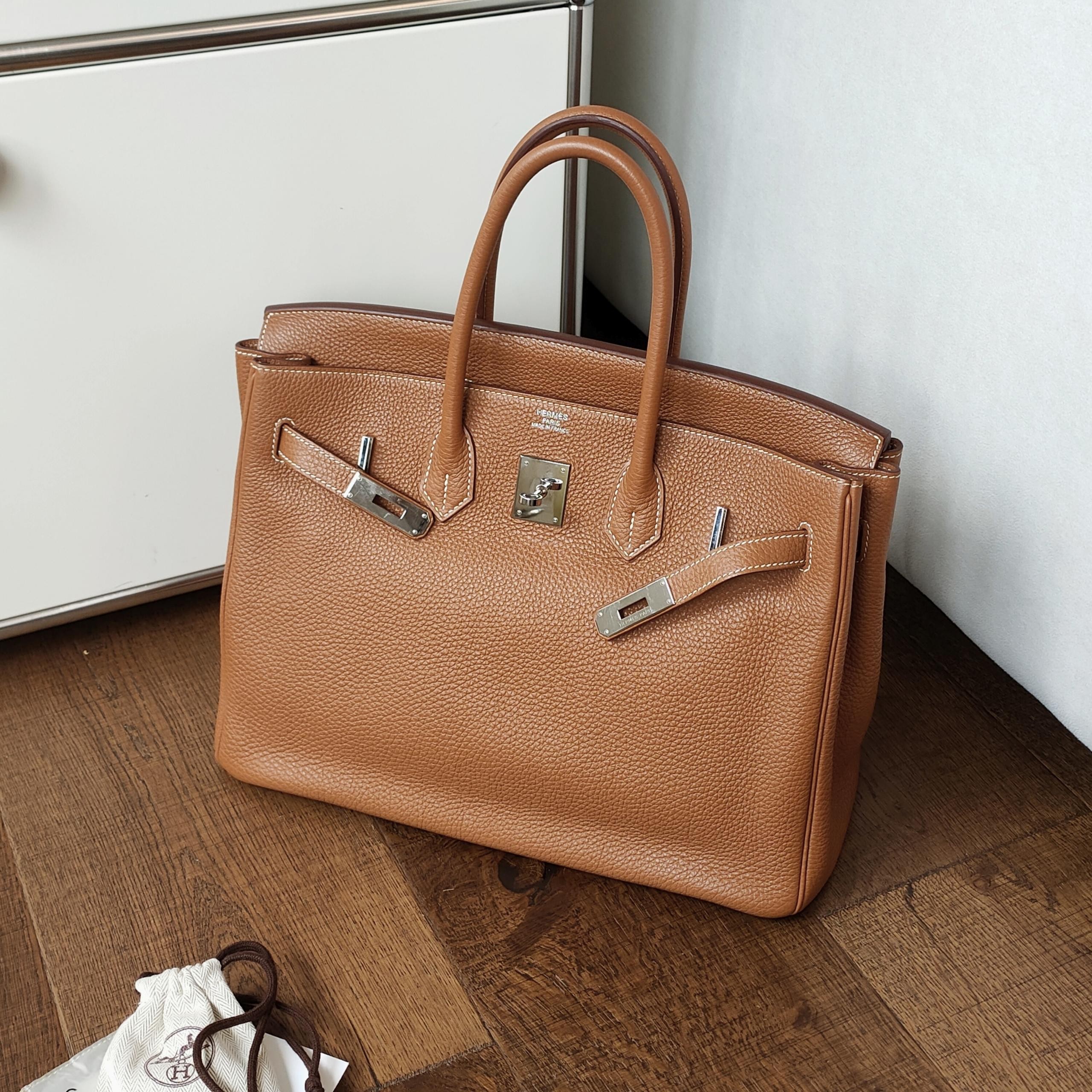 95新 Hermes/爱马仕 金棕色Togo皮银扣Birkin35内缝线手提包47235