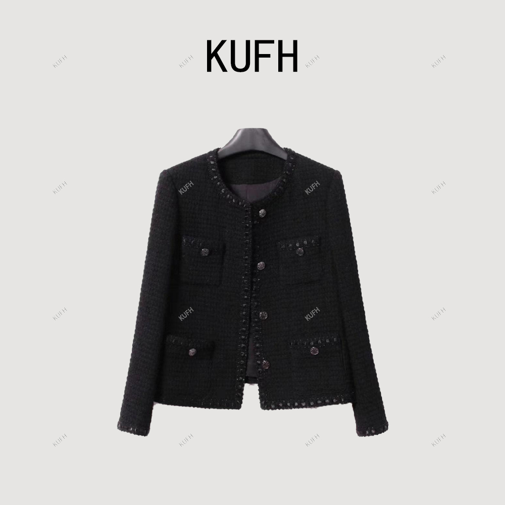 KUFH【黑色编织】名媛复古小香风粗花呢外套黑色编织上衣K28221