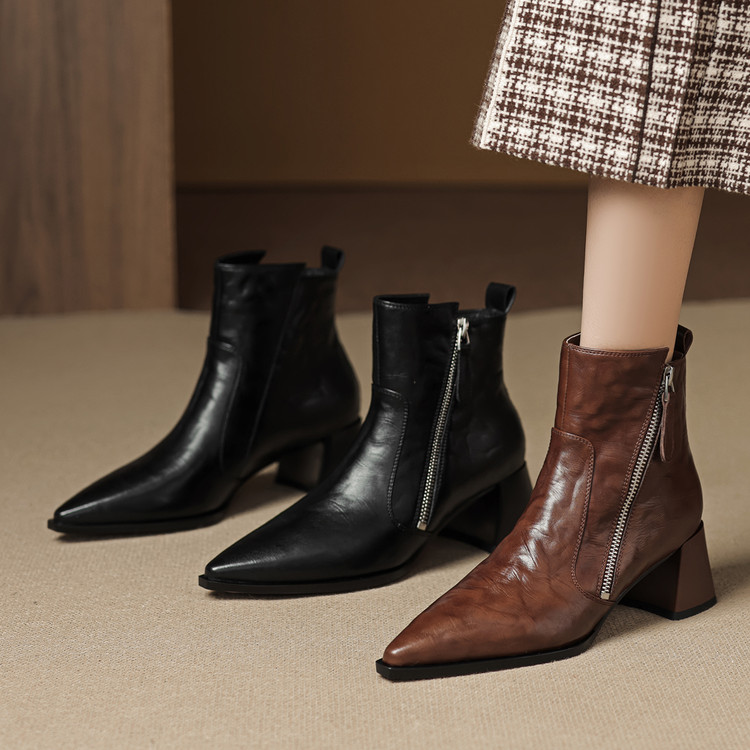 新款秋冬时装靴时尚真皮粗跟裸靴气质单靴高跟百搭尖头短靴女
