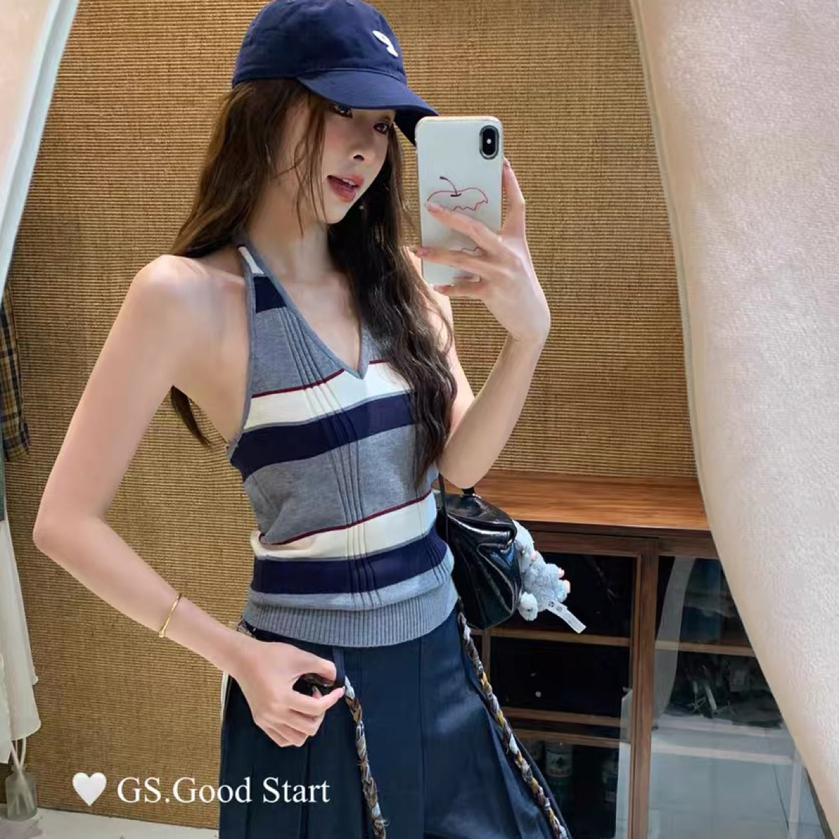 韩系时髦休闲撞色条纹挂脖针织背心女夏季外穿显瘦上衣
