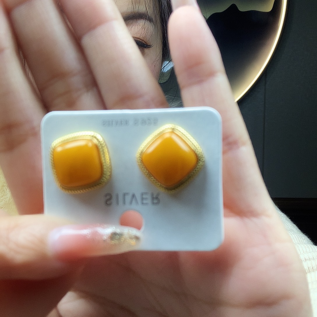 蜜蜡耳饰银S925镶嵌耳钉