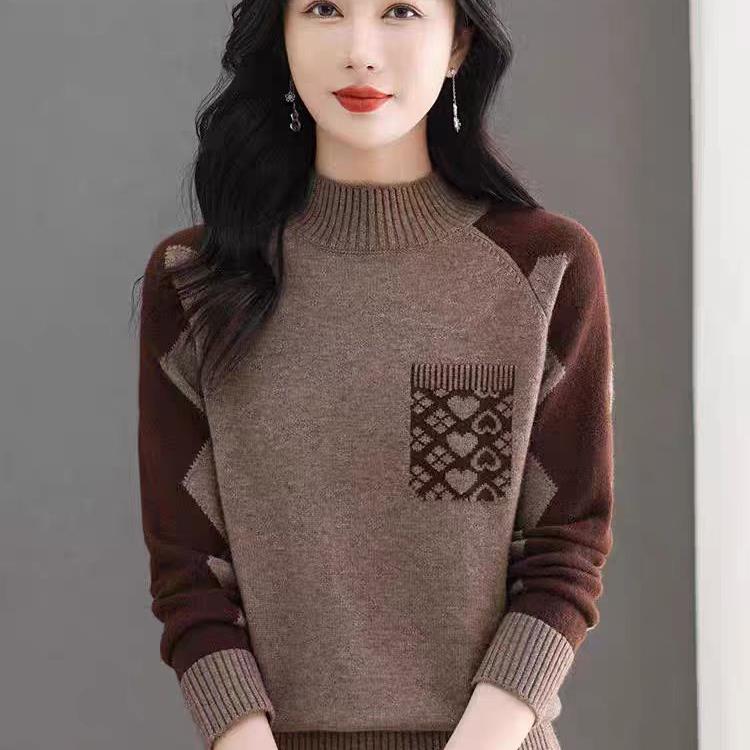 【拼色爱心口袋-咖色】冬季新款时尚百搭重工爱心提花口袋毛衣822