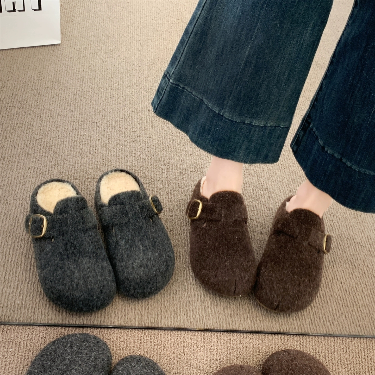 灰色毛呢加绒勃肯鞋女一脚蹬包头半拖2025秋冬新款懒人棉拖鞋外穿