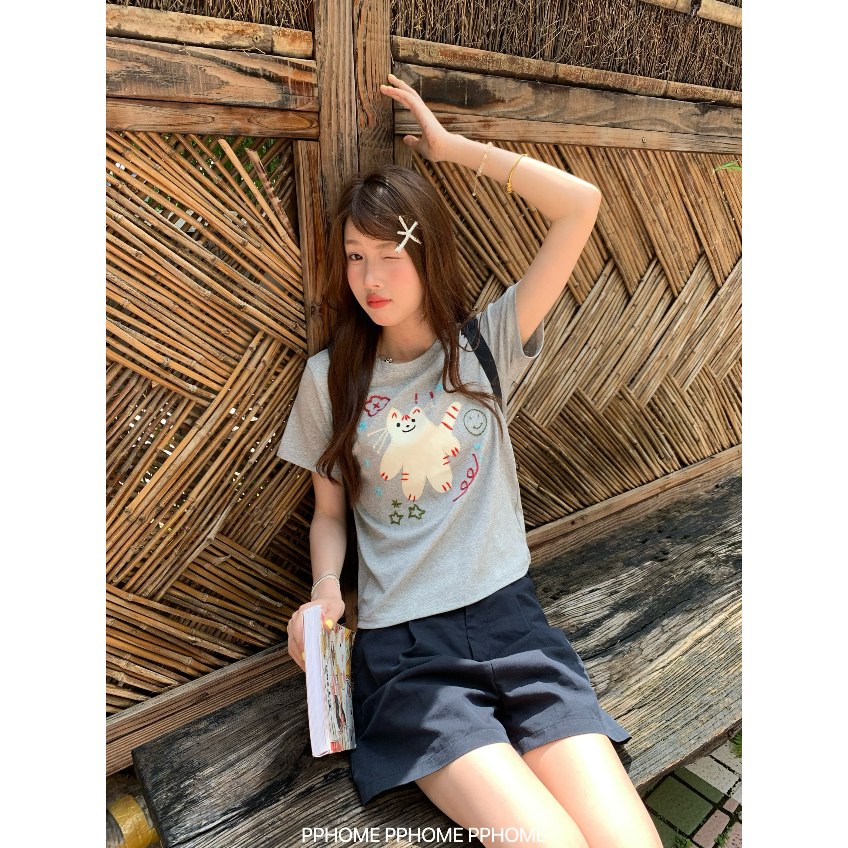 PPHOME自制~猫猫游园记 重工卡通猫咪贴布刺绣短袖T恤夏百搭上衣