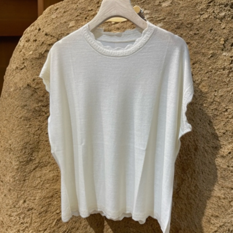 圆领时尚包肩廓式直筒型简约宽松花边短袖夏季轻薄女半袖