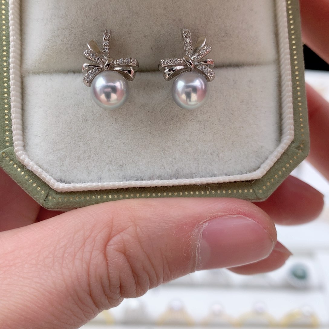 海水珍珠7-7.5mm真多麻蝴蝶结耳钉银S925镶嵌