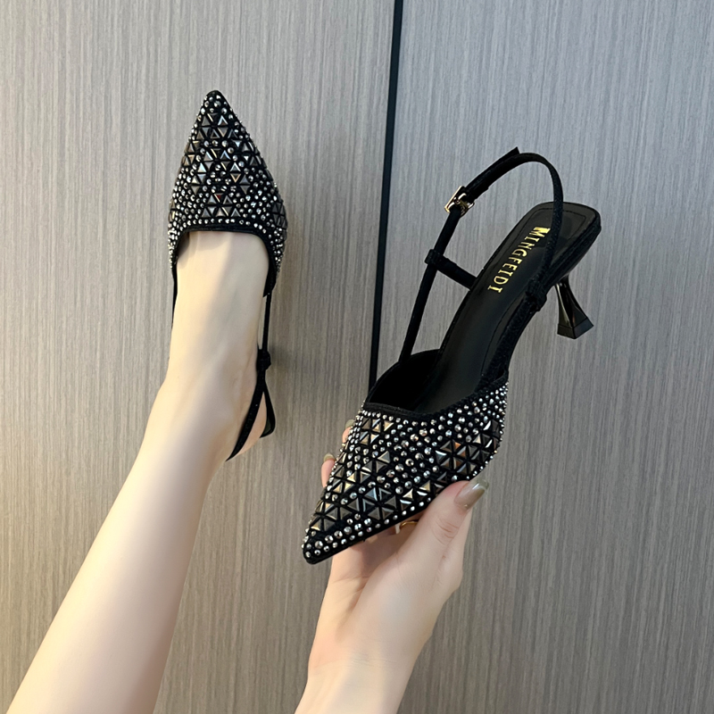 法式高跟凉鞋女2025新款尖头仙女风水钻细跟一字带包头气质高跟鞋