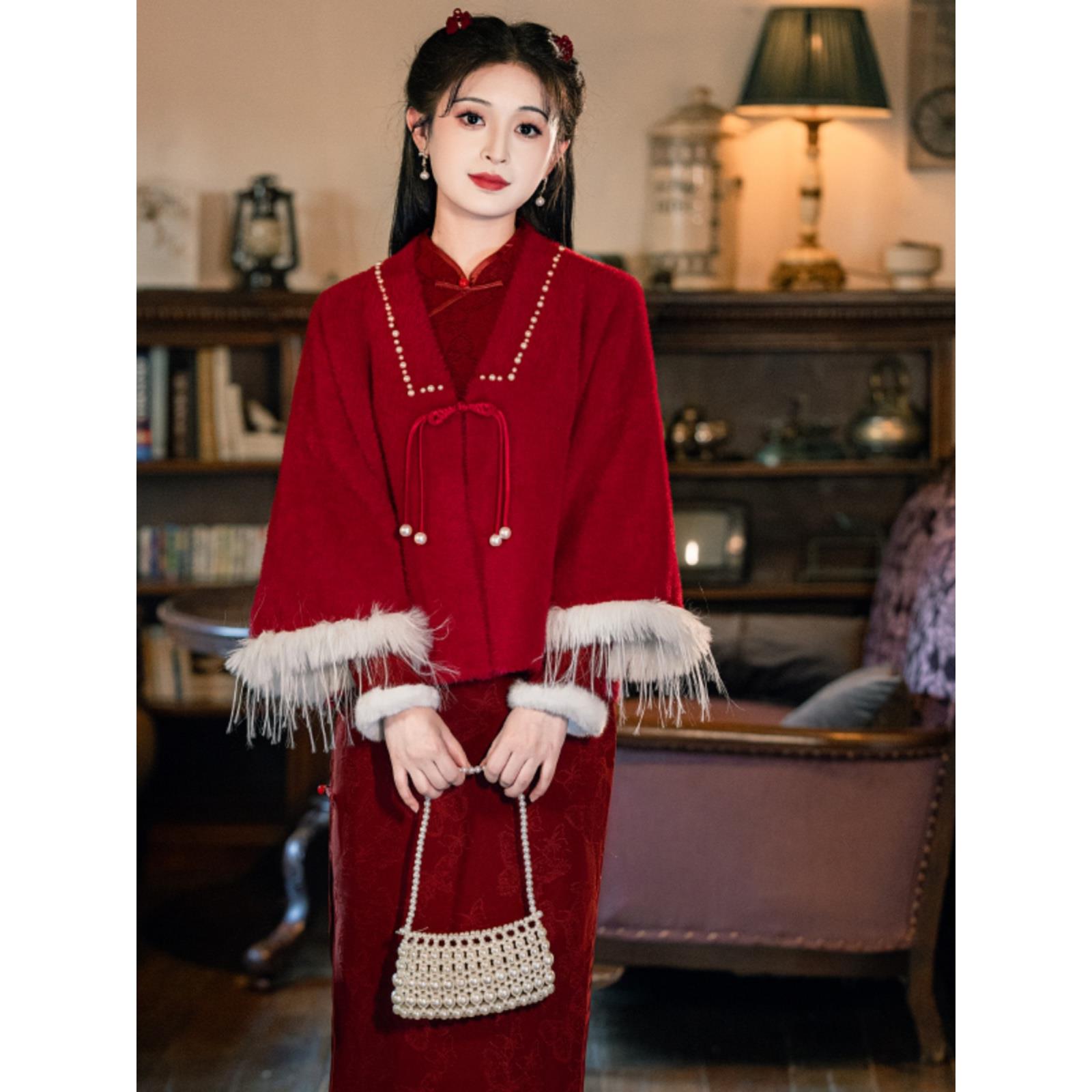旗袍外搭新中式国风秋冬水貂绒外套红色保暖百搭高级感2025秋外搭
