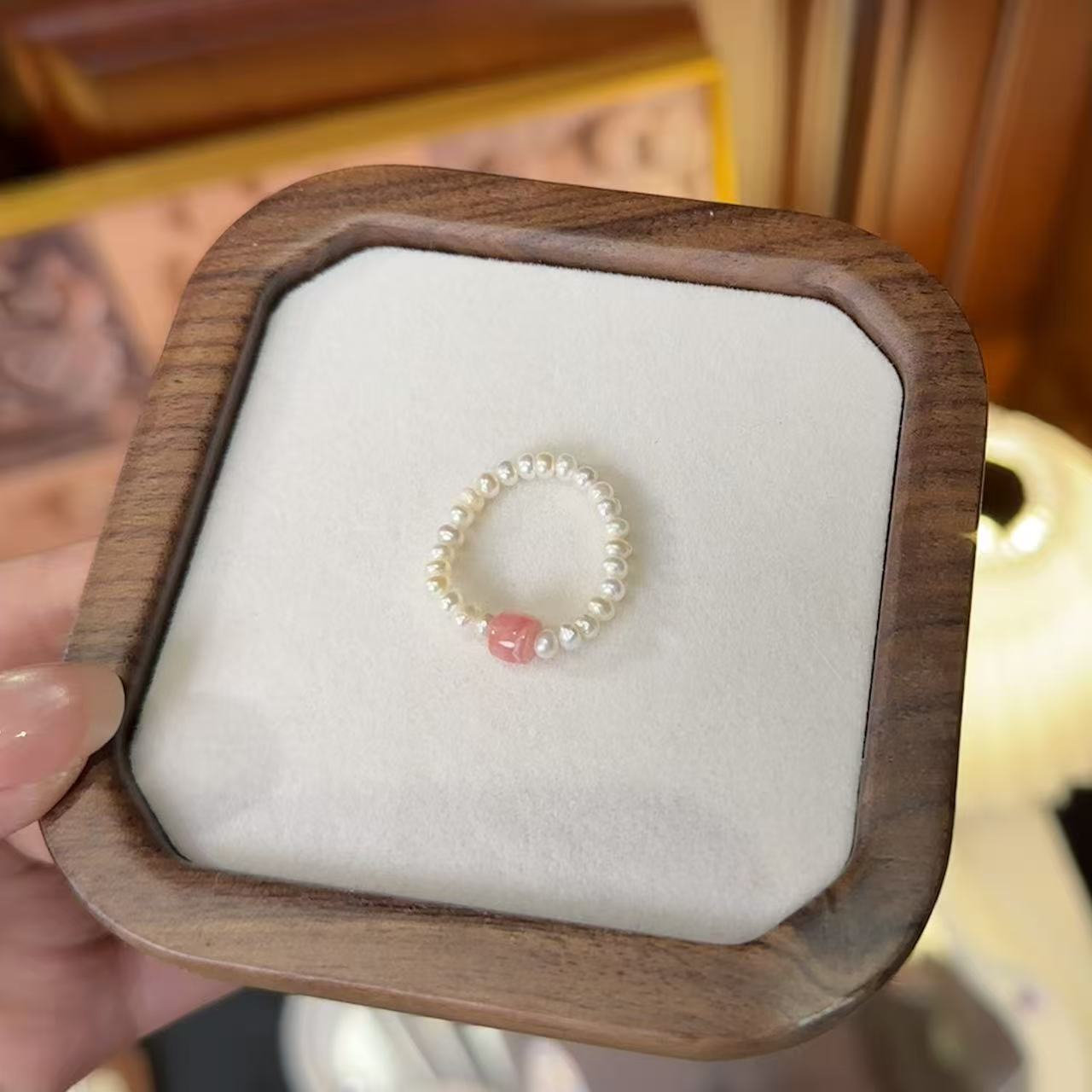 木兮手作*天然红纹石珍珠戒指
